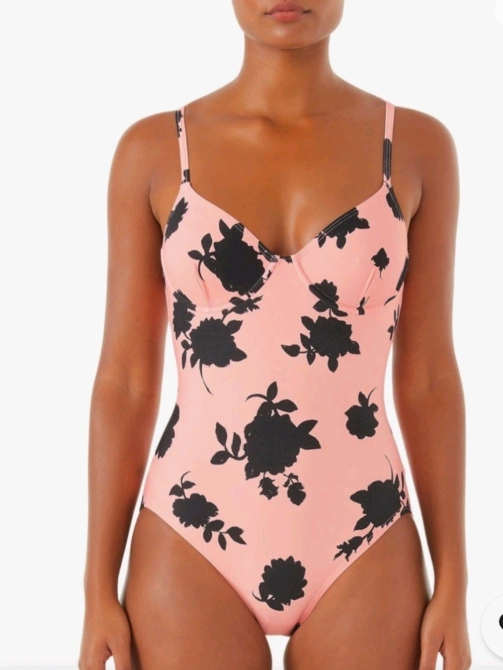 Kate Spade Pink Floral One Piece Swimsuit Women’s M/L Black Flower Print.